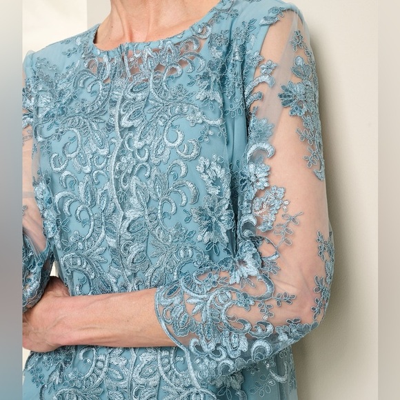 Alex Evenings mesh vintage TEAL lace sleeve Embroidered Mock Jacket Dress